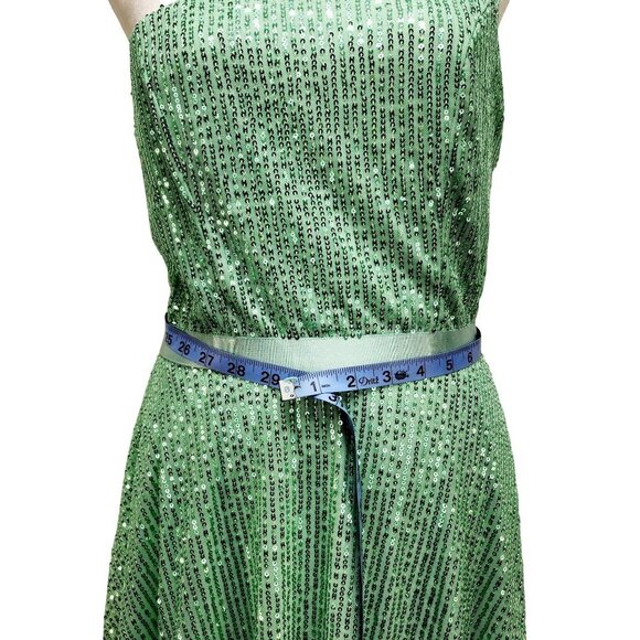 One-Shoulder Light Green Sequined Dress With Ribbon Waist Flowing Skirt Size M - Picture 7 of 12